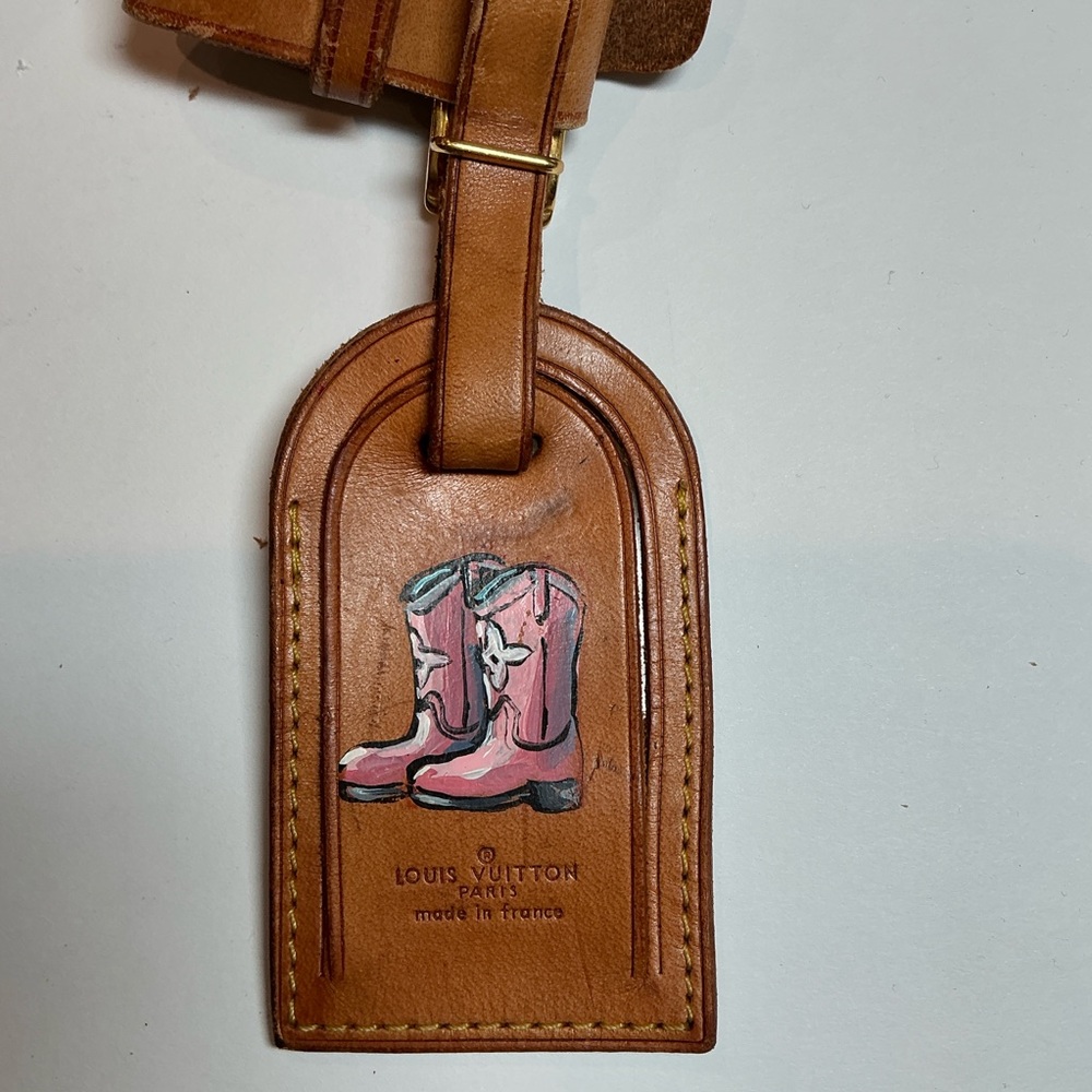 Louis Vuitton Leather Tag Hand Painted with Pink Cowboy Boots